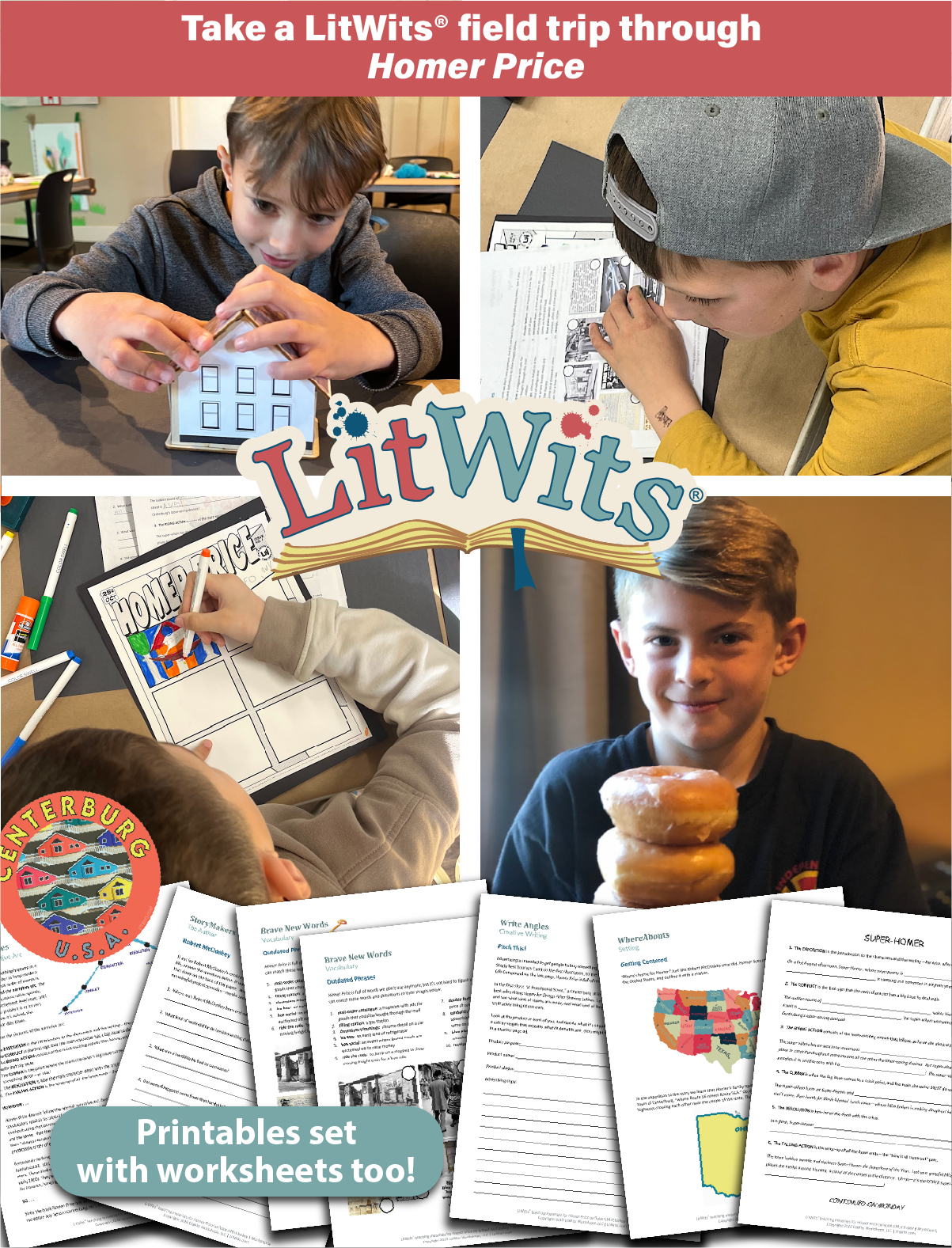 Images of kids having fun "doing" a great book, using LitWits creative teaching ideas and printables.
