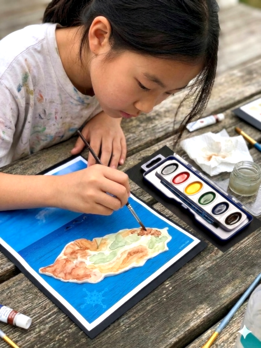Child doing the LitWits activity "Feature the island" for ISLAND OF THE BLUE DOLPHINS by Scott O'Dell
