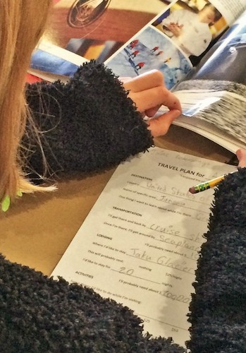 Child completing a travel planning form - Plan a Secret Trip activity idea for teaching FROM THE MIXED-UP FILES OF MRS. BASIL E. FRANKWEILER by E.L. Konigsburg