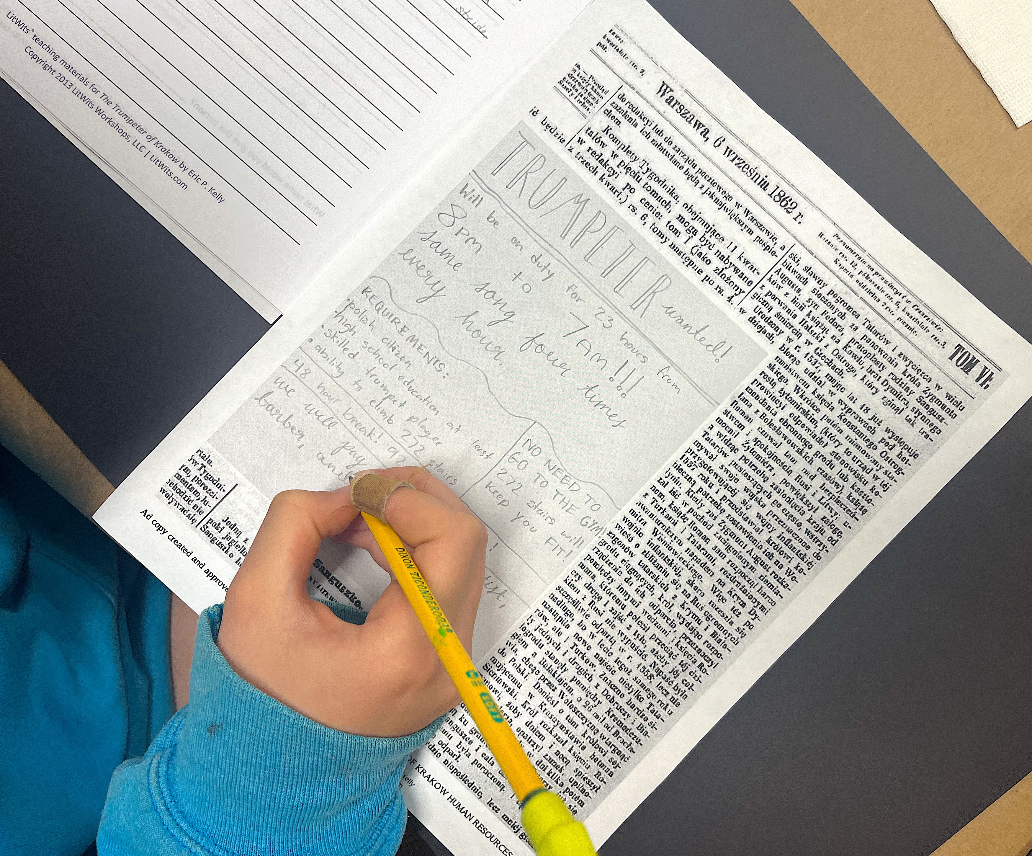 "Draft a job ad for a trumpeterl" - one of many creative activities, projects, and worksheets in the LitWits printables set for teaching THE TRUMPETER OF KRAKOW by Eric P. Kelley