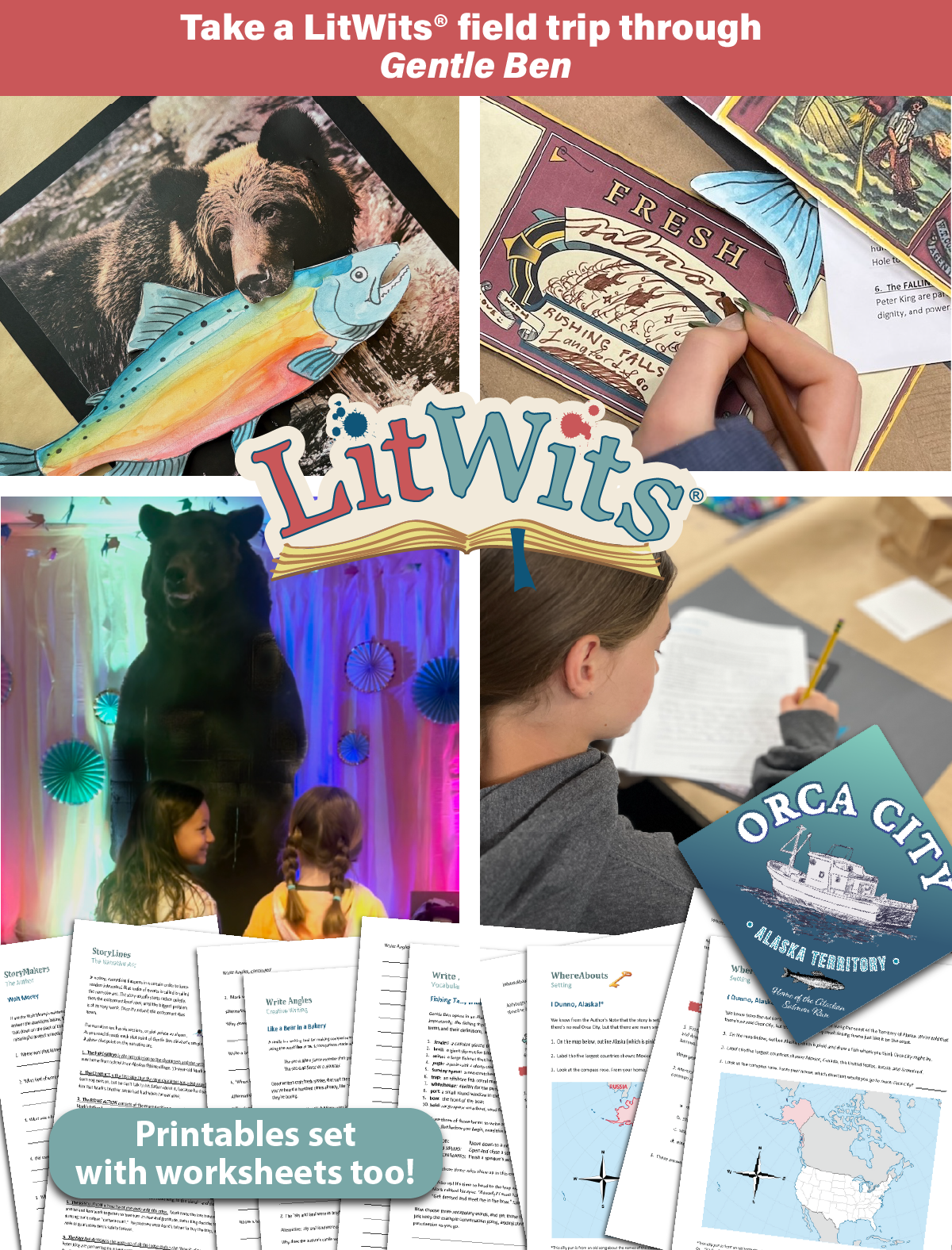 Images of kids having fun "doing" a great book, using LitWits creative teaching ideas and printables.