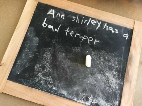 Anne had brought her slate down on Gilbert's head and cracked it—slate not head—clear across. (Ch 15)