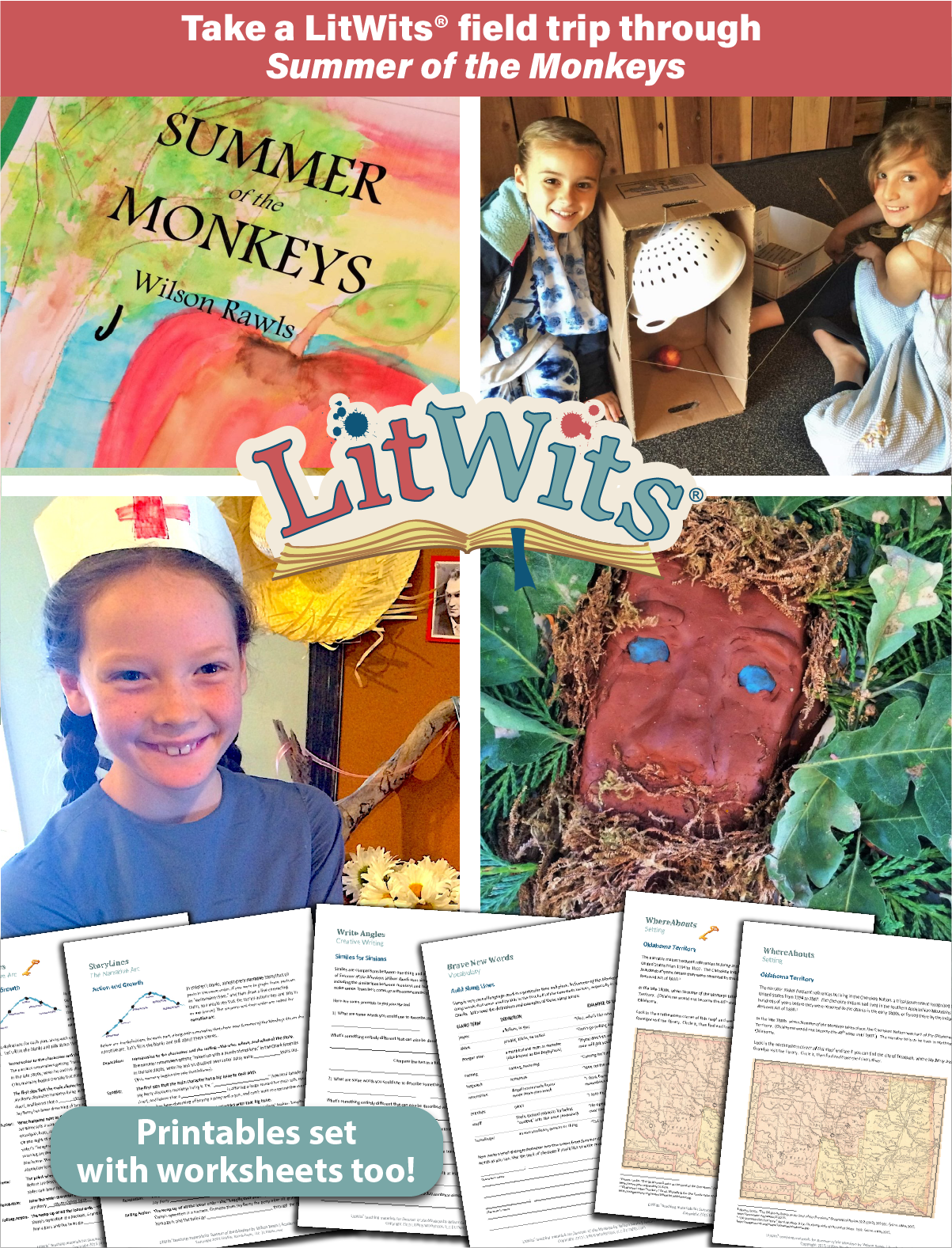 Images of kids having fun "doing" a great book, using LitWits creative teaching ideas and printables.