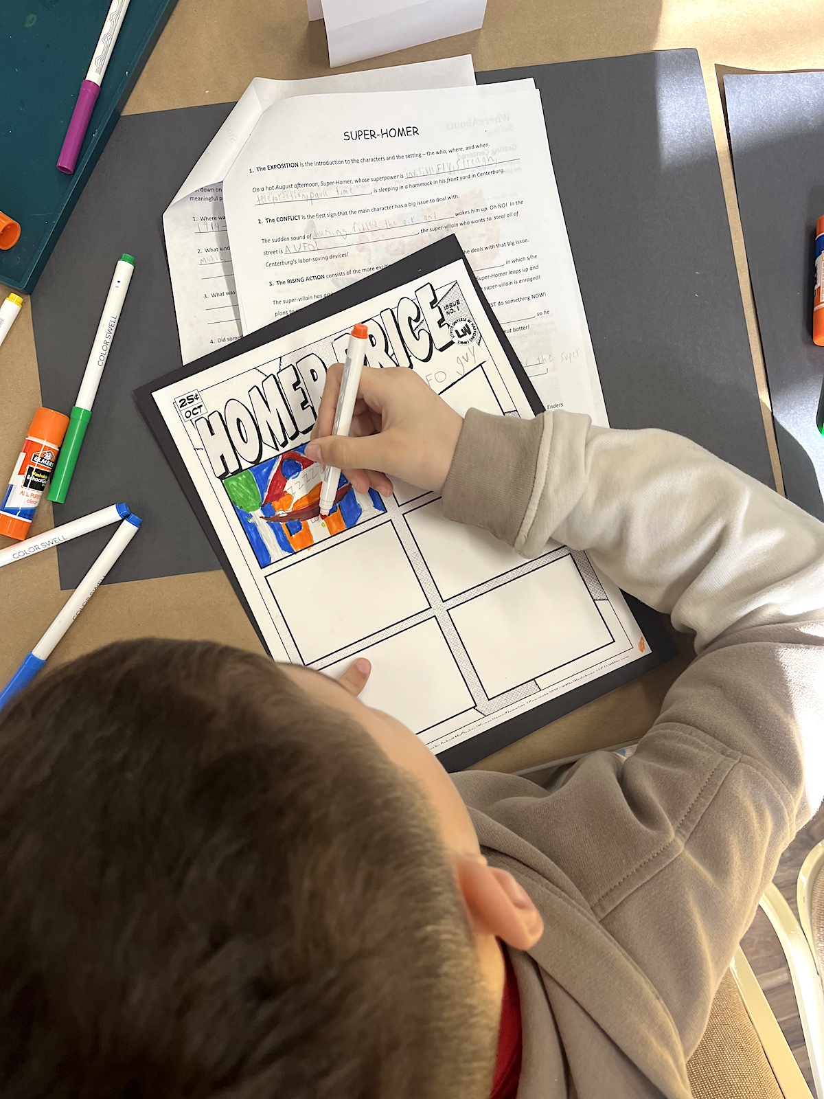 Creative activities projects and worksheets for teaching HOMER PRICE by Robert McCloskey - Write and draw a super-hero comic strip that follows the narrative arc.