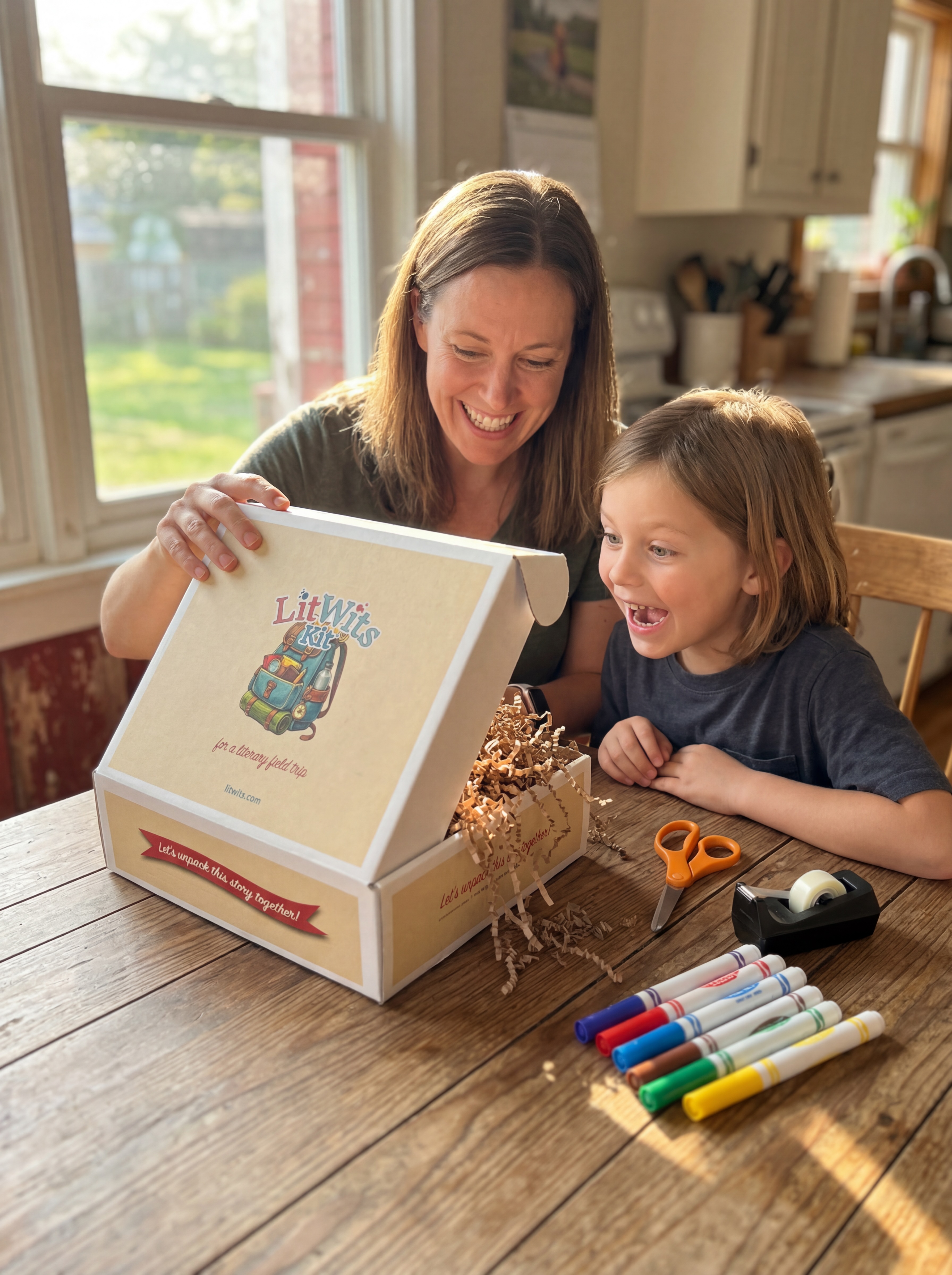A homeschool mom opening a LitWits Kit of supplies for teaching a great book, LitWits style