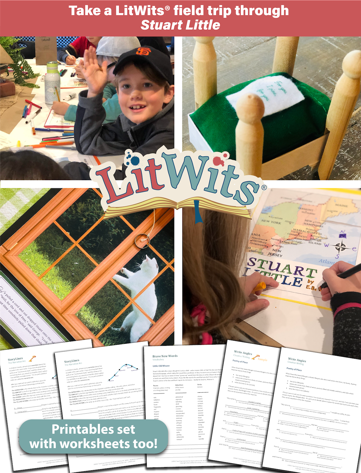 Images of kids having fun "doing" a great book, using LitWits creative teaching ideas and printables.