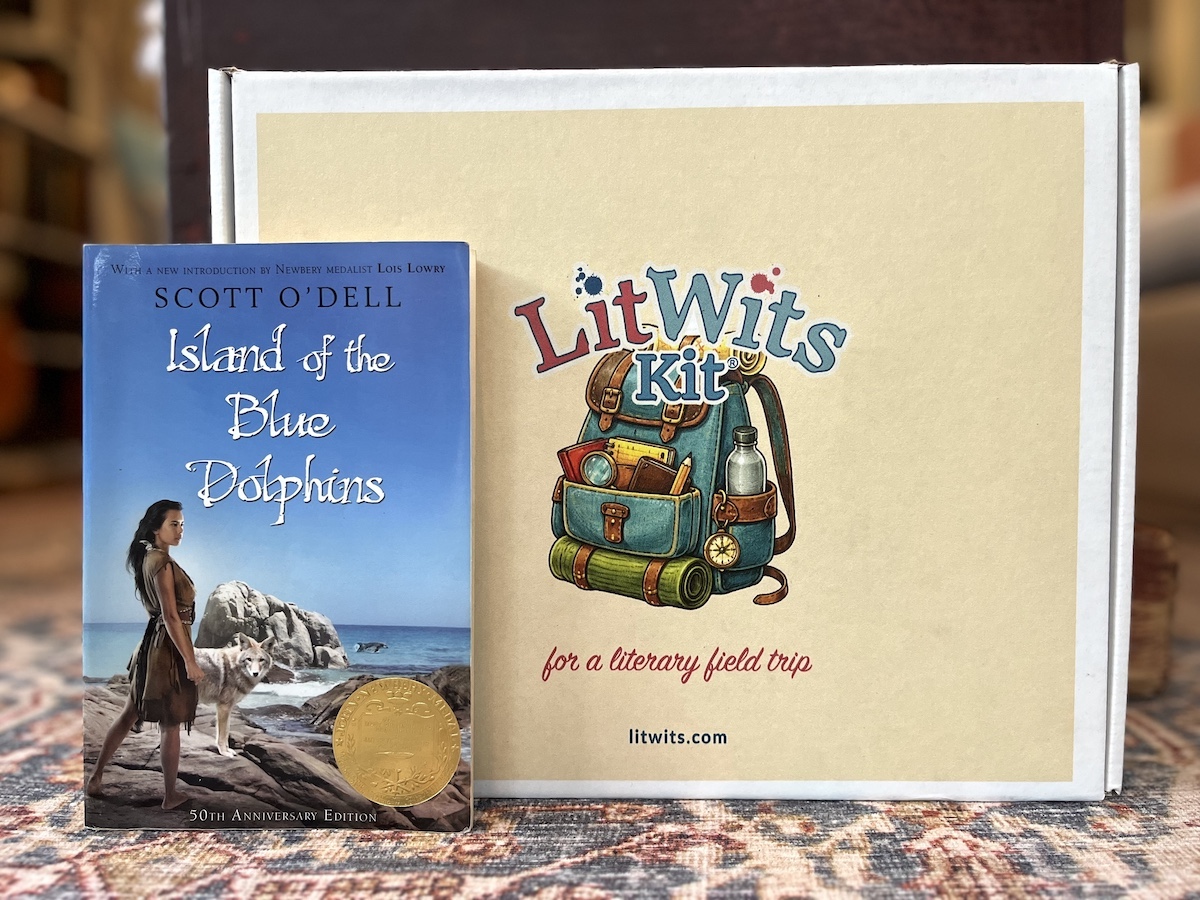 ISLAND OF THE BLUE DOLPHINS by Scott O'Dell - book cover and LitWits Kit of teaching supplies