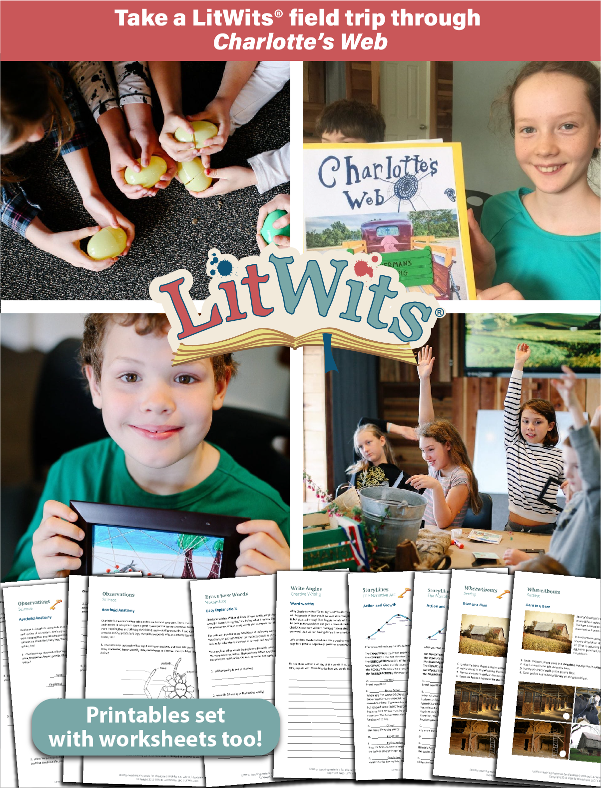 Images of kids having fun "doing" a great book, using LitWits creative teaching ideas and printables.