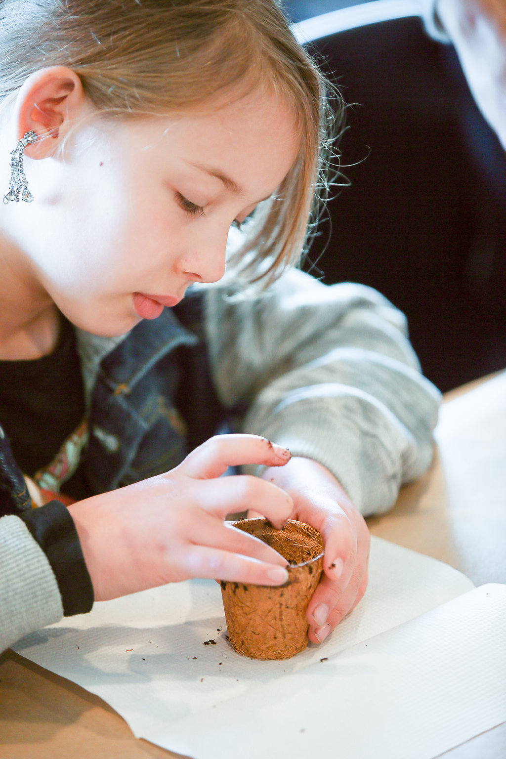 Child doing an easy, inexpensive planting activity for THE BIRCHBARK HOUSE by Louise Erdrich - LitWits Workshops Creative Teaching Ideas