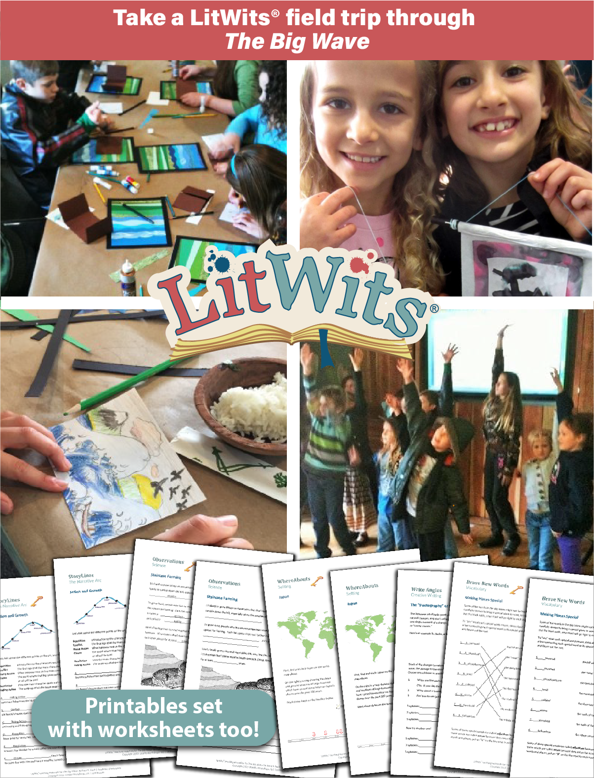 Images of kids having fun "doing" a great book, using LitWits creative teaching ideas and printables.